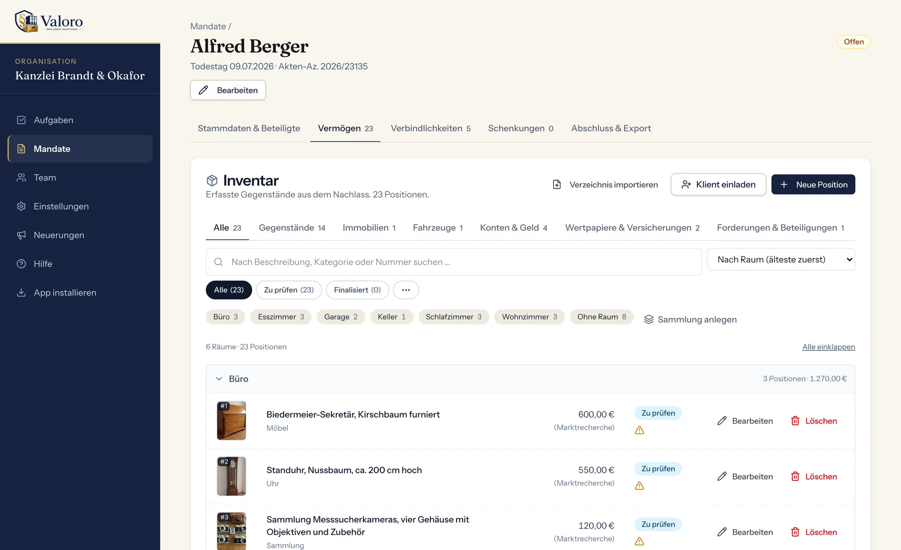 Valoro-Inventar eines Mandats: Positionen nach Räumen mit Foto, Wert aus der Marktrecherche und Prüfstatus