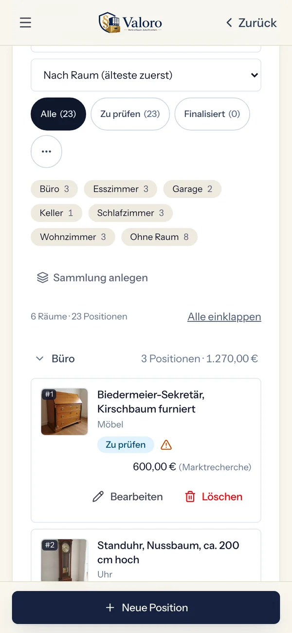 Valoro auf dem Smartphone: Inventarliste mit Fotos und Werten
