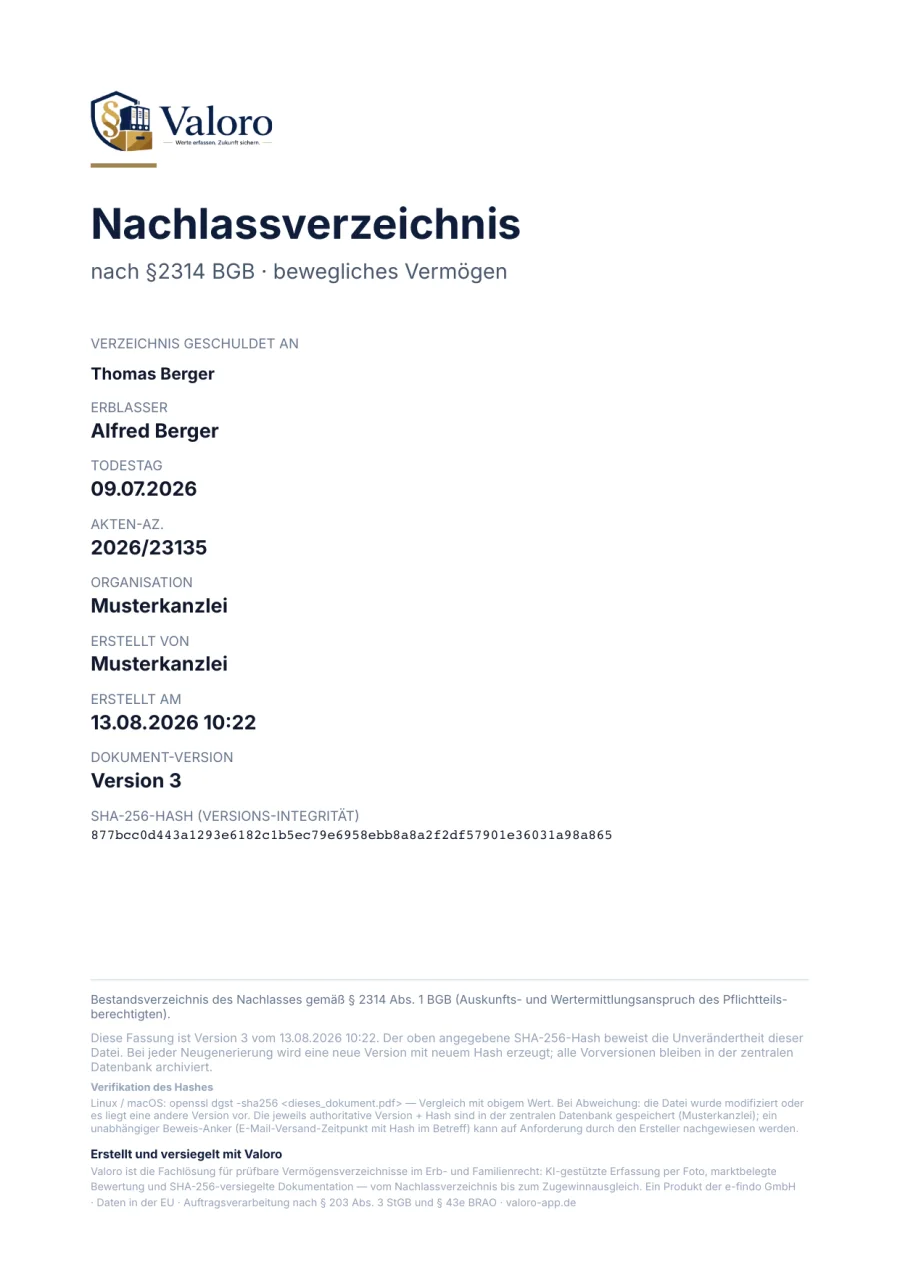 Seite aus dem Valoro-Musterbericht: Titelseite · SHA-256-Prüfsumme