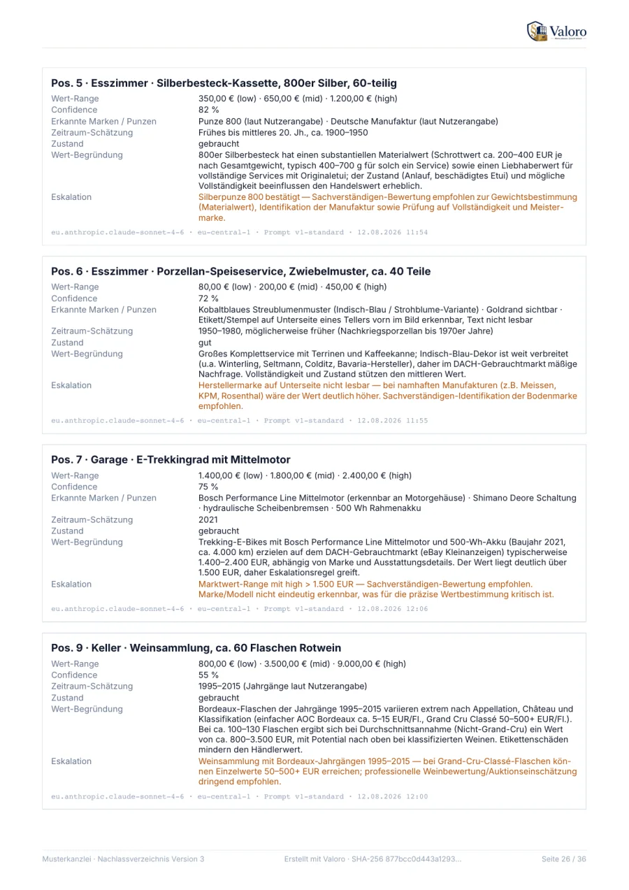 Seite aus dem Valoro-Musterbericht: Anhang C · KI-Analyse mit Prüfhinweisen