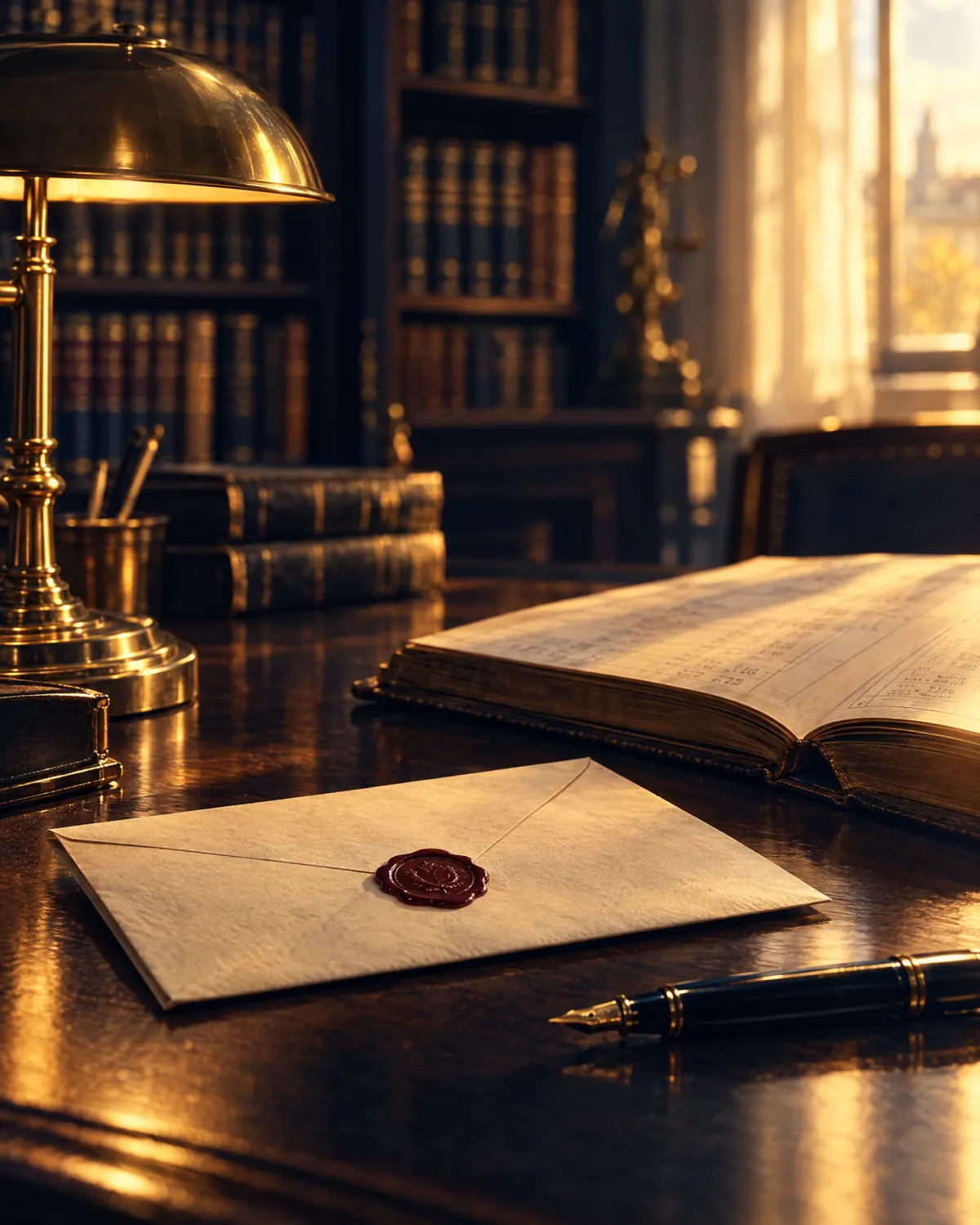Kanzleischreibtisch mit versiegeltem Umschlag, Füller und Fachbüchern im Abendlicht