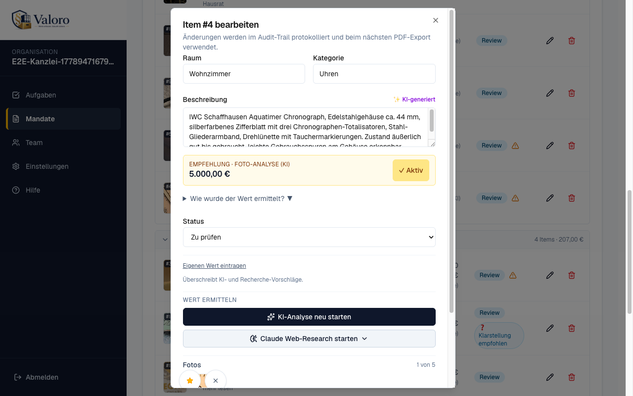 Item-Bearbeiten-Dialog mit KI-generierter Beschreibung und vorgeschlagenem Wert von 5.000 €