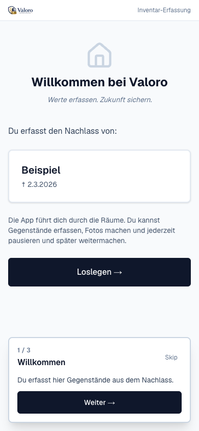 Public-Capture-View auf Mobilgerät — Willkommens-Screen für den Erben