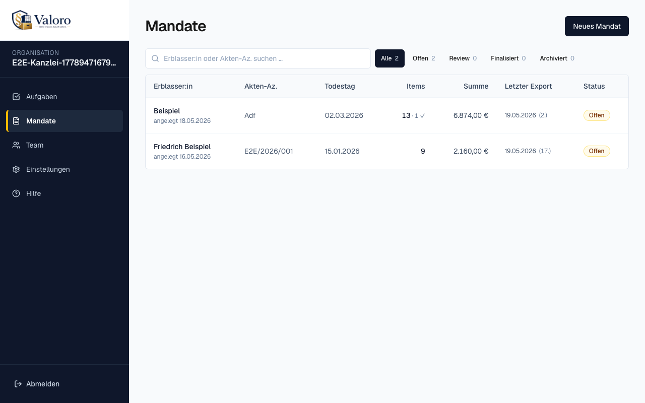 Mandate-Übersicht mit Filter-Pills und Status pro Mandat